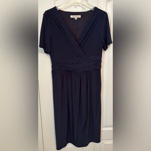 Evan-Picone: Blue V-neck, short sleeve dress with gathered waistband. Size 12